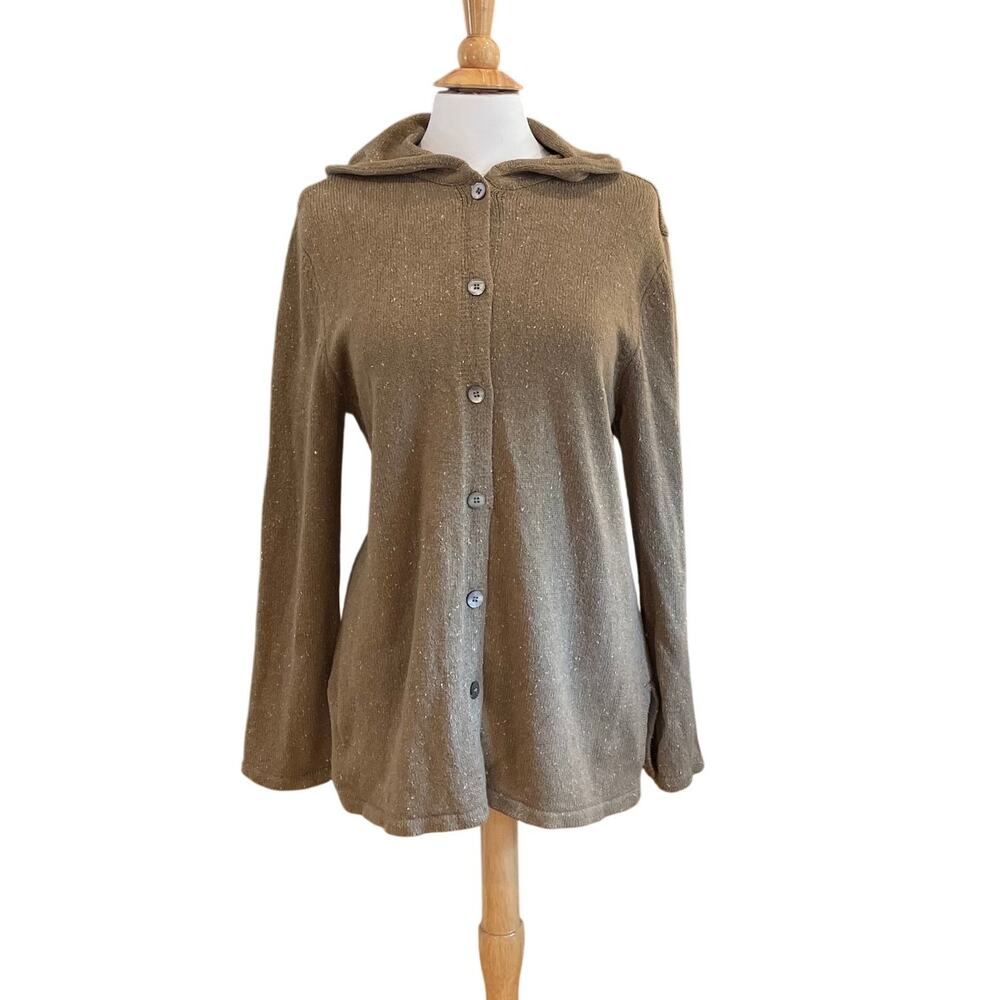 Vtg Isabella Bird Tan Silk Wool Blend Long Cardigan Sweater, Hood, Minimalist, L